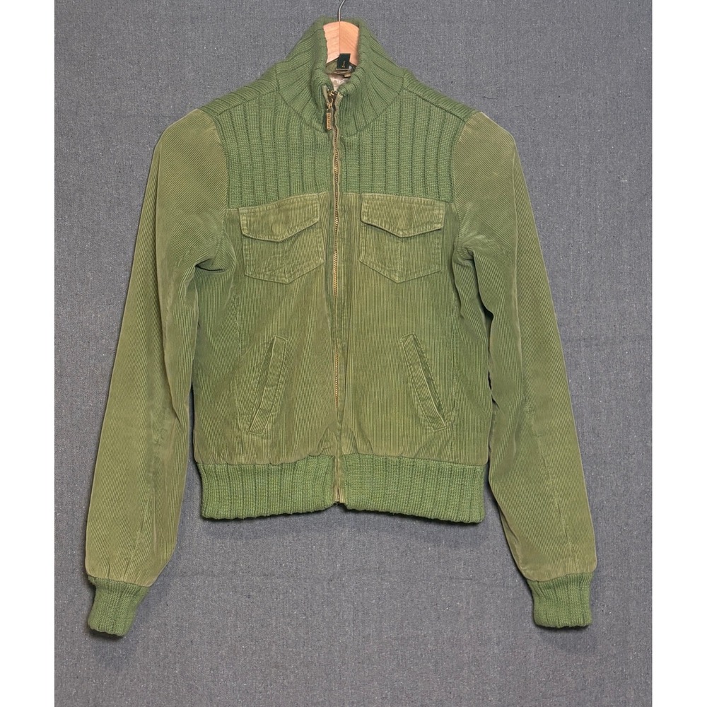 Billabong Vintage Green Corduroy Bomber Jacket Knit Trim Full Zip Womens Medium